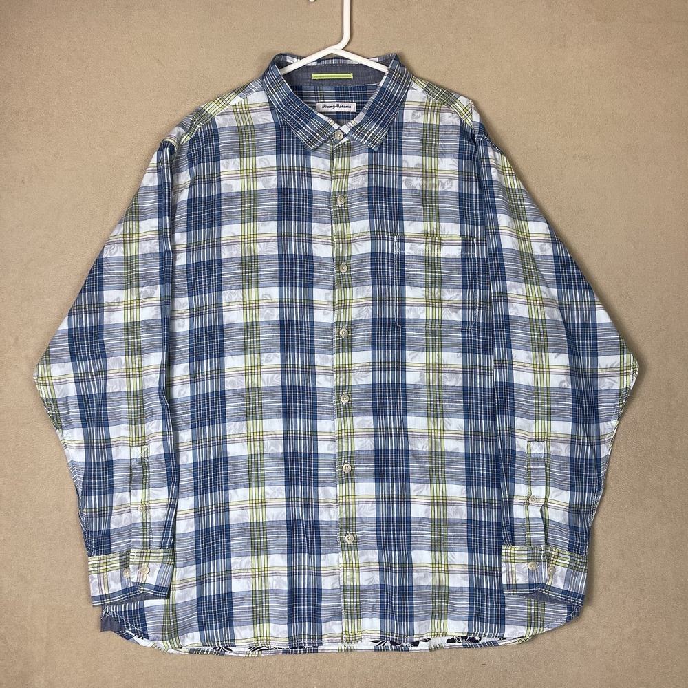 Tommy Bahama Shirt Mens XXXL Blue Plaid Floral Long Sleeve Button Front 13111